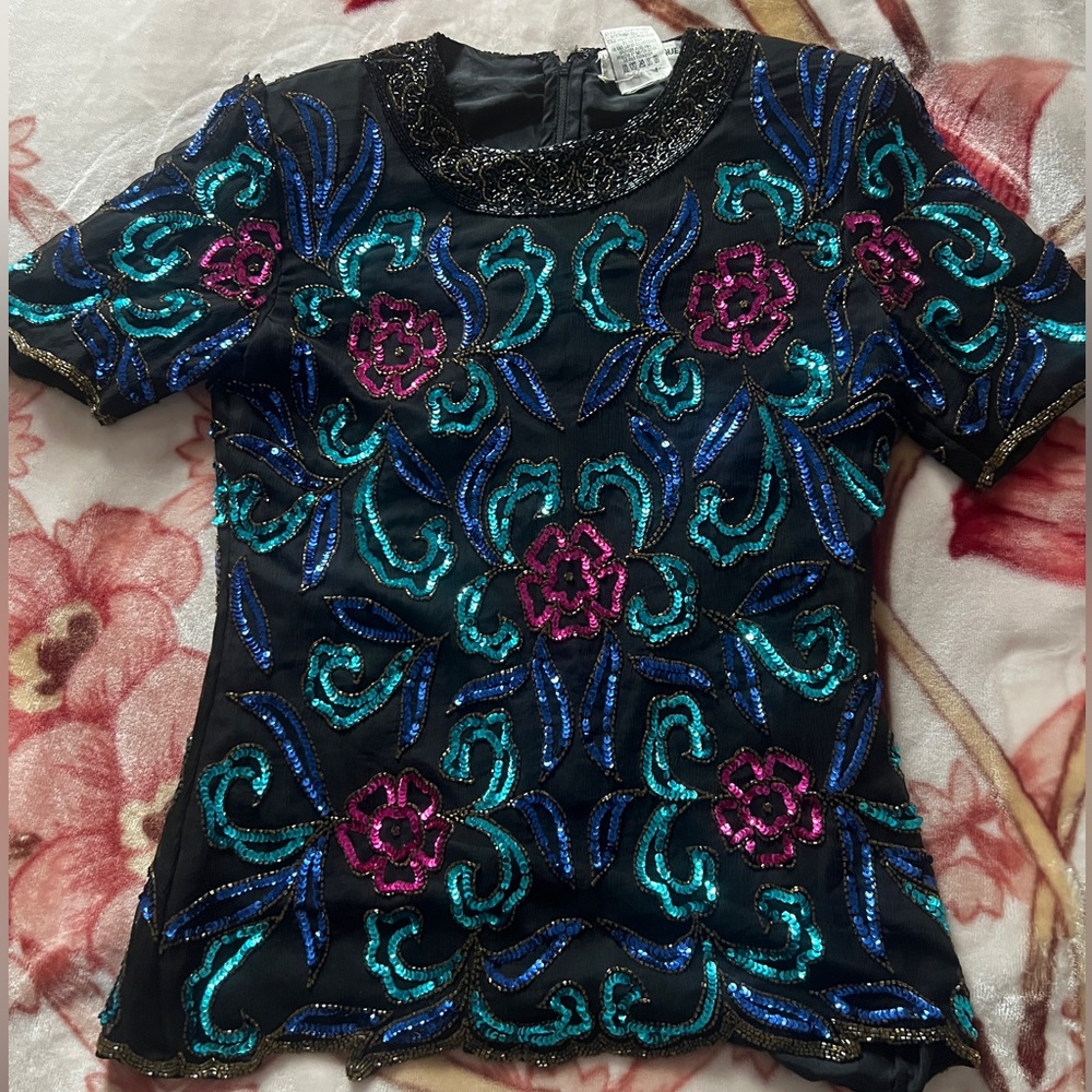 Vintage Black Beaded Top with Pink and Blue Floral Design